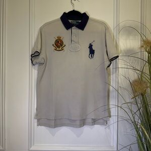 Ralph Lauren White and Blue Polo Shirt with Embroidered Crest